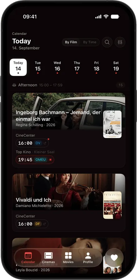 Fin on an iPhone: the calendar with a day’s programme, each film with its cinema, time and language version