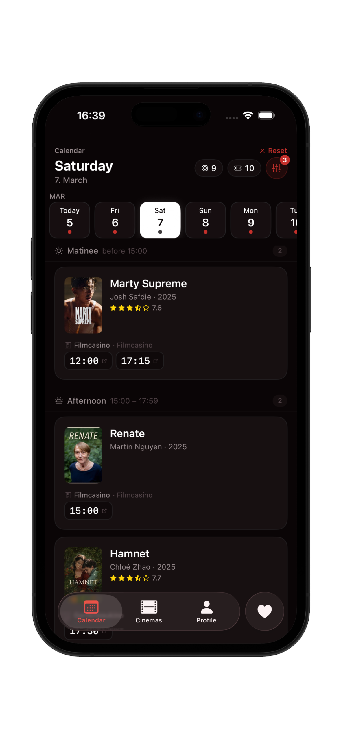 Calendar view showing daily showtimes across Vienna's cinemas