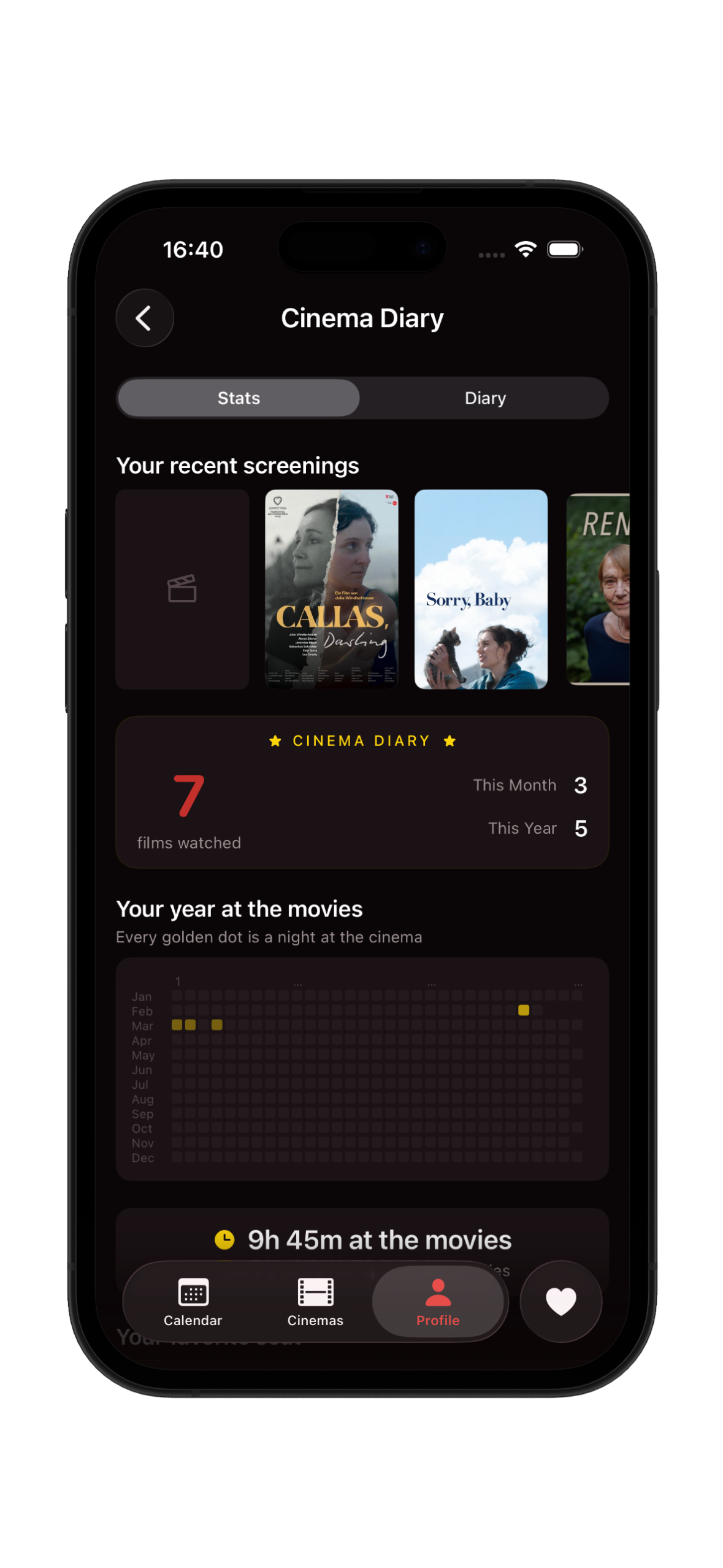 Cinema Diary with year heatmap and screening stats