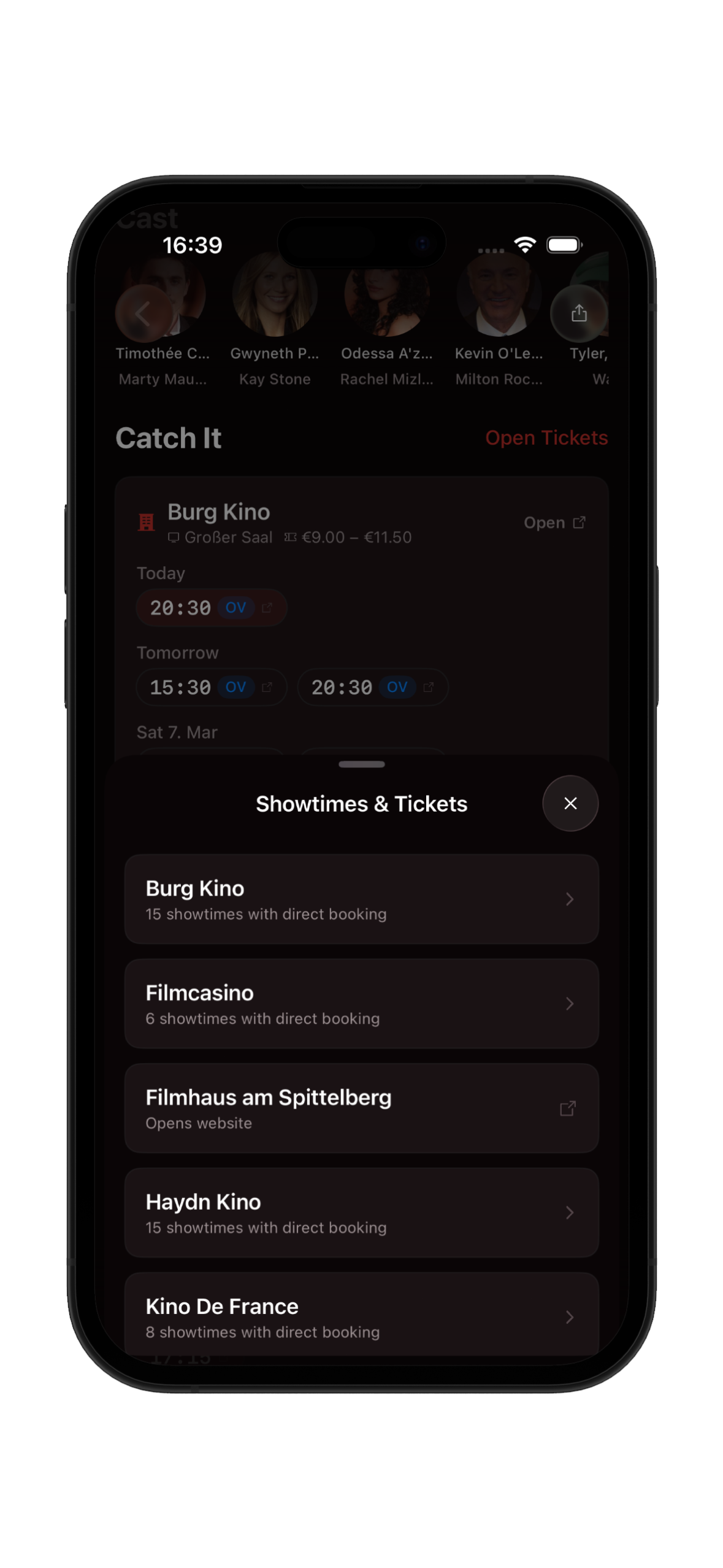 Movie detail showing showtimes and ticket booking at multiple cinemas