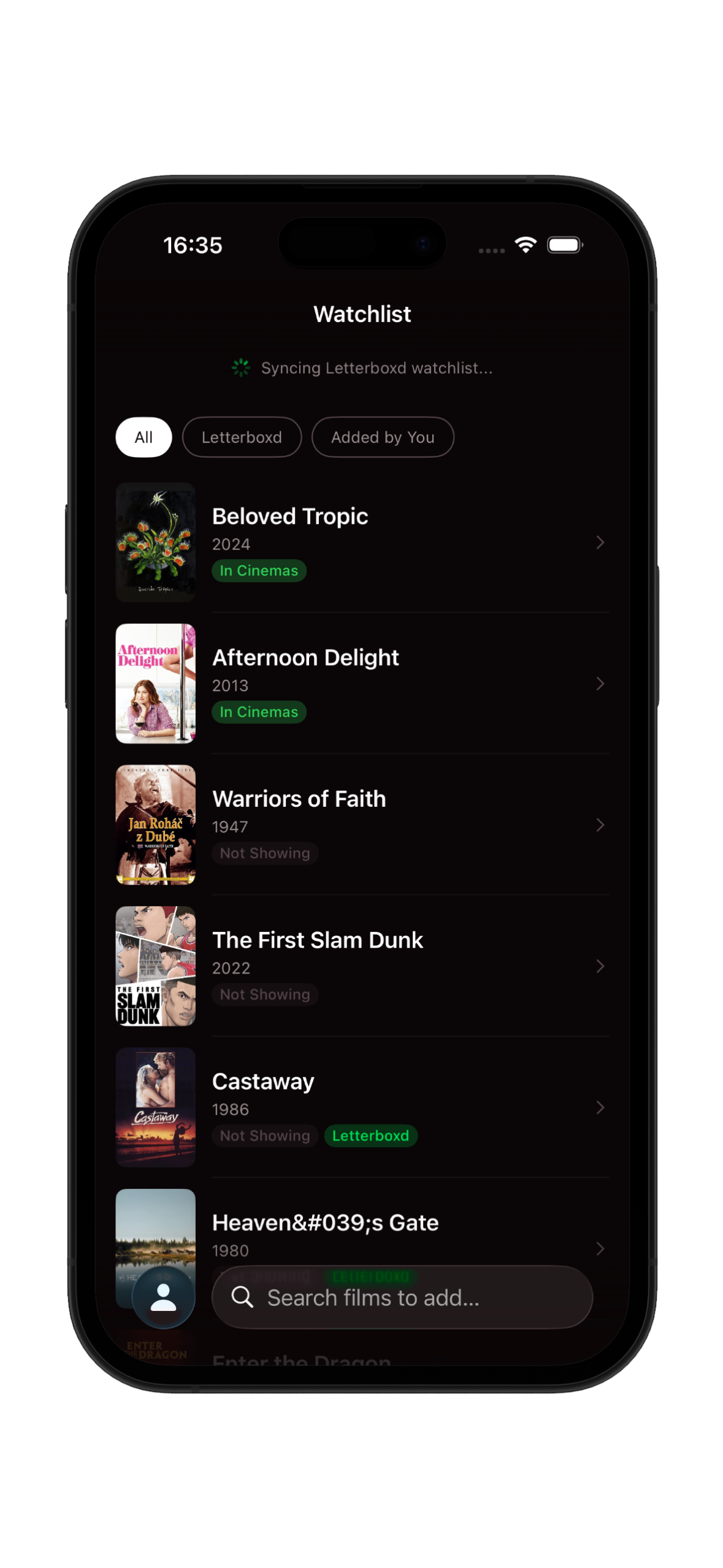 Watchlist with Letterboxd sync and In Cinemas badges